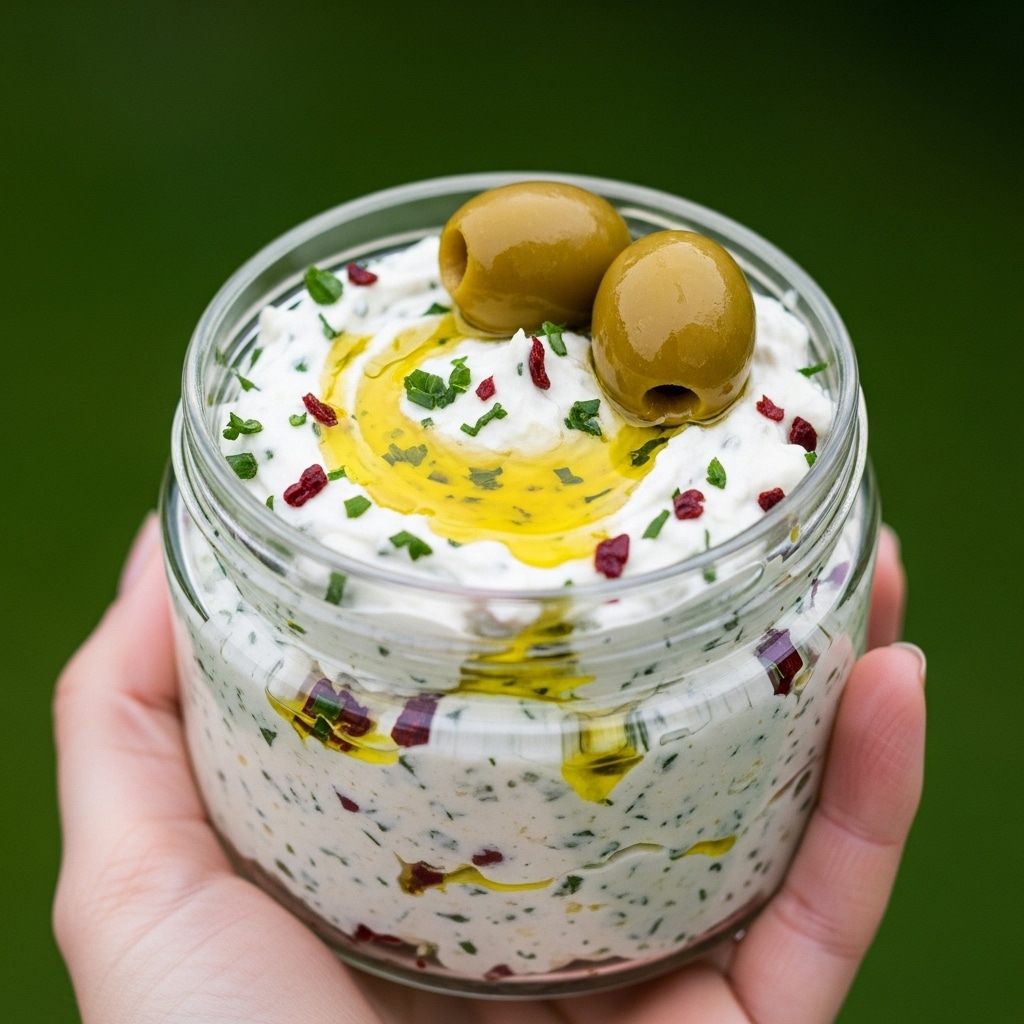 A small clear glass jar filled with a creamy white spread mixed with small finely chopped green herbs and red bits evenly spread throughout. The top layer has a swirled texture with a light drizzle of golden olive oil pooled at the center, and two large glossy green olives resting on top. A woman's hand is gently holding the jar against a blurred green natural background. photo taken with an iphone --ar 4:5 --v 7