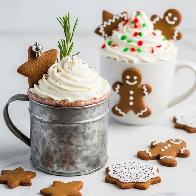 The image shows two mugs filled with hot chocolate topped with big swirls of white whipped cream. The front mug is a metal tin with a rustic look, filled with dark brown hot chocolate and topped with a star-shaped gingerbread cookie with a small silver decoration on top. A small green rosemary sprig is placed behind the cream. The second mug, white with gingerbread man decoration, is slightly blurred in the background, topped with whipped cream sprinkled with small red and green sprinkles and two gingerbread cookies in the shapes of a person and a star. Around the mugs on a white marbled surface are several gingerbread cookies in different shapes, including a doily-like covered one, a small star, and a gingerbread man. Photo taken with an iphone --ar 4:5 --v 7