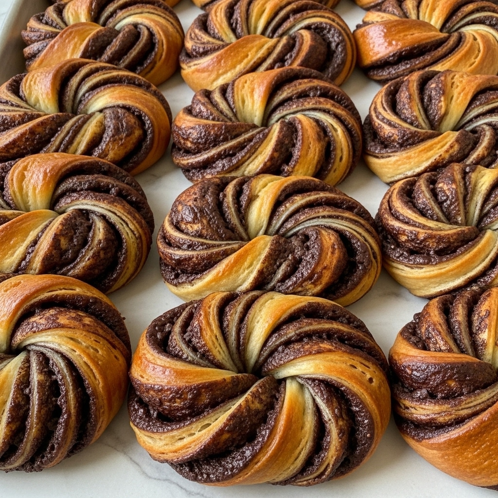 The image shows a close-up of a tray filled with twisted chocolate babka pastries. Each piece has multiple layers of golden-brown dough spiraled with thick, dark chocolate filling, creating a marbled effect of shiny deep brown and warm tan colors. The pastries look soft and moist with a glossy glaze coating the top, highlighting the rich texture of the chocolate and the fluffy dough. The tray sits on a white marbled surface, and the image captures the details of each swirled layer clearly, showing the contrast between the baked dough and the rich chocolate. photo taken with an iphone --ar 4:5 --v 7