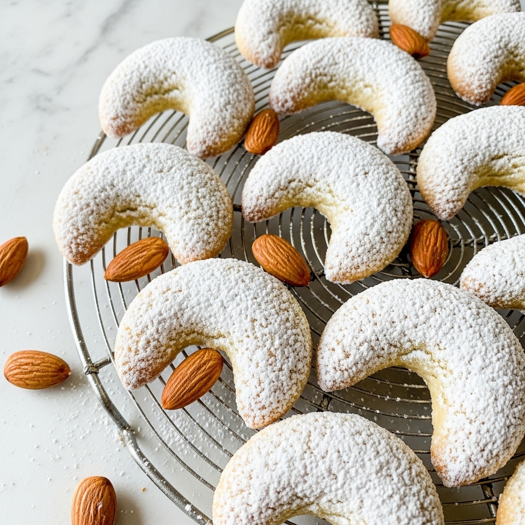 The image shows a group of crescent-shaped cookies covered generously with white powdered sugar. Each cookie has a light golden-brown color underneath the sugar, with a slightly crumbly texture. The cookies are placed closely together on a round wire rack with a metal finish, and a few whole almonds with a smooth brown surface are scattered among them. The scene is set on a white marbled texture, giving a clean and bright background effect. photo taken with an iphone --ar 4:5 --v 7