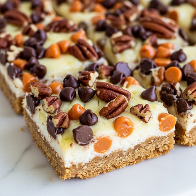 The image shows a close-up of a dessert bar cut into square pieces on a white marbled surface. The base layer is a golden brown, slightly crumbly crust. On top, there is a thick layer covered with melted white and yellow cheese that looks creamy and slightly stringy. Scattered across the top are small, round dark chocolate chips and golden butterscotch chips, along with chunks of toasted pecans. The mix of textures includes the crunchy nuts and the smooth melted cheese, creating a rich and colorful topping with varied shades of brown, white, dark brown, and yellow. Photo taken with an iphone --ar 4:5 --v 7