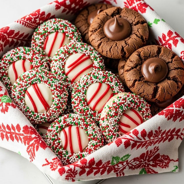 The image shows a close-up of festive cookies inside a metal box lined with a red and white patterned cloth. The cookies have two main types: one type is round and covered all around the edges with tiny red, green, and white round sprinkles; each sprinkle-coated cookie has a white center marked with thick red stripes, resembling peppermint candy. The other type of cookie is plain brown with a cracked surface and a smooth, shiny dollop of chocolate in the center that rises like a small peak. The box sits on a white marbled surface. Photo taken with an iphone --ar 4:5 --v 7