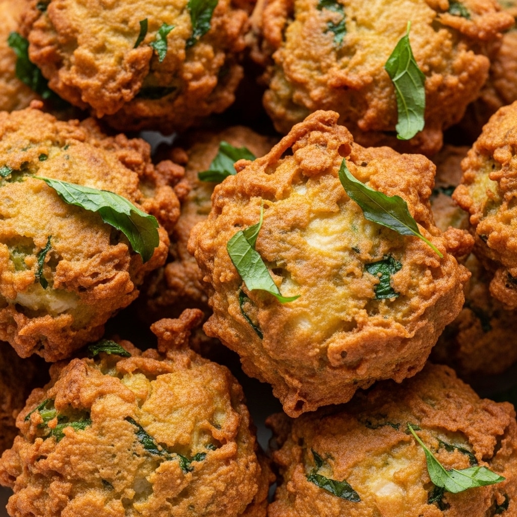 The image shows many golden-brown fried fritters piled together closely. Each fritter is irregularly shaped with a rough, crispy texture and small green herb bits visible inside the batter. The surface of the fritters has a crunchy, uneven pattern indicating deep frying, and there are small bright green herb leaves scattered lightly on top. The close-up view focuses on the details of the crunchy batter and herbs, giving a warm, crispy feel. The background is out of focus, emphasizing the fritters. photo taken with an iphone --ar 4:5 --v 7