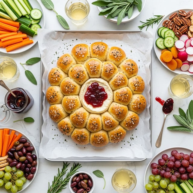 A silver tray lined with white parchment paper holds a sunflower-shaped bread arrangement with 28 golden brown, round rolls forming the petals around a center of baked cheese topped with a red jam. The bread rolls are sprinkled with visible herbs and coarse salt. Around the tray, there are several white plates and bowls containing colorful fresh vegetables like carrot sticks, cucumber slices, radishes, mixed olives, pecans, dried apricots, and green and purple grapes. Small glasses of white wine and fresh green herbs like rosemary and sage are scattered on a white marbled surface. A spoon with jam sits near an open jar of dark red jam. photo taken with an iphone --ar 4:5 --v 7