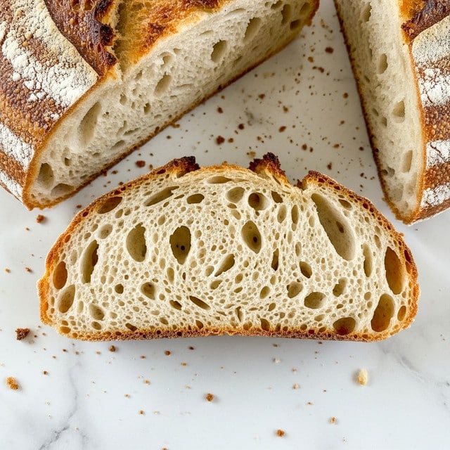 A close-up view of a single slice of rustic bread with a golden-brown crust and light, fluffy interior full of large and small air holes. The bread slice is positioned flat, showing its soft, slightly uneven texture with a few crispy edges. Around the slice, parts of the whole loaf with the same crust texture can be seen, resting on a white marbled surface with some crumbs scattered lightly. The image captures the warm, inviting look of fresh homemade bread. photo taken with an iphone --ar 4:5 --v 7