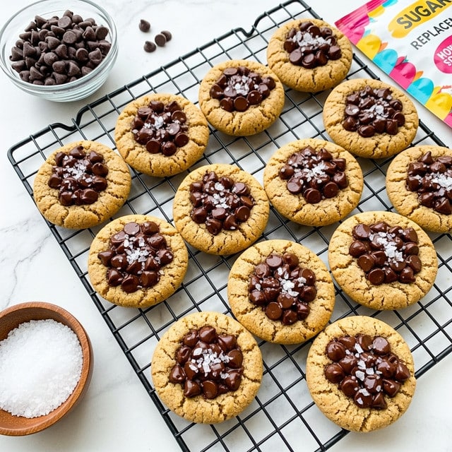 The image shows twelve round, golden-brown cookies on a black cooling rack. Each cookie is topped with melted dark chocolate chips that create a textured, glossy layer on the warm surface. Scattered white flakes of sea salt sit atop the cookies, adding a contrasting texture and color. The cooling rack rests on a white marbled surface, with a small clear bowl of extra chocolate chips on the side and a wooden bowl filled with coarse salt nearby. A colorful sugar replacement package is partially visible in the background. photo taken with an iphone --ar 4:5 --v 7