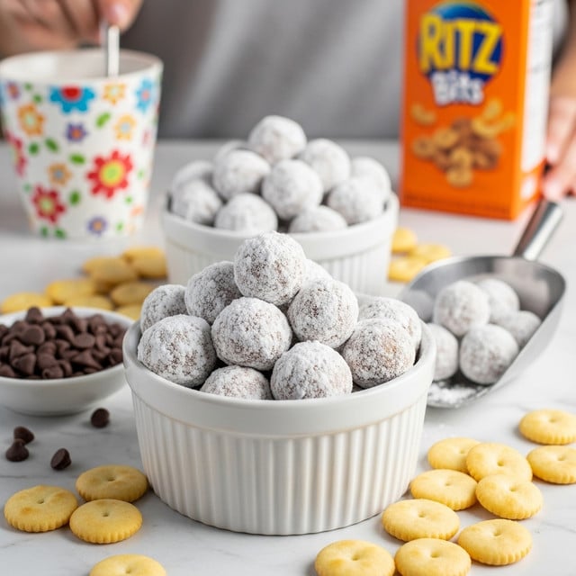 The image shows two white ceramic bowls filled with small brown peanut butter balls covered in a thick layer of white powdered sugar, giving them a rough, powdery texture. One bowl is in the front center, filled to the top, and the other is slightly blurred in the background but similarly full. Around the bowls are scattered small round light yellow crackers and dark brown chocolate chips in a small white dish. A silver scoop holds some more coated peanut butter balls on the right side, resting on a table with a white marbled texture. In the background, there is a woman’s hand holding a utensil inside a white cup with colorful floral designs and an orange snack box that is blurred. Photo taken with an iphone --ar 4:5 --v 7
