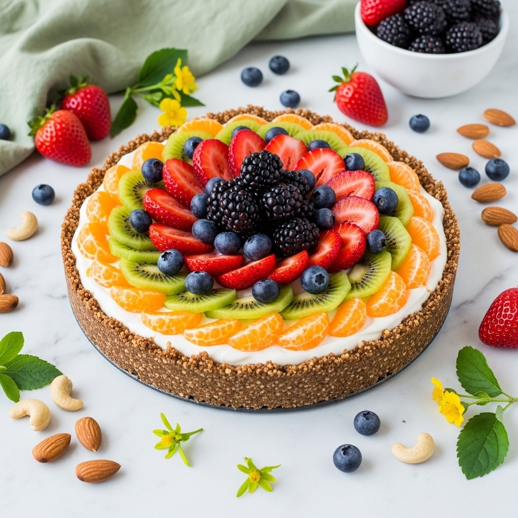 A round tart with three clear layers sits on a white marbled surface; the bottom layer is a thick, textured nut and oat crust with a brown, rough look, the middle layer is smooth and white creamy filling, and the top layer is a colorful fruit arrangement. The fruit is arranged in concentric circles, starting from the outer edge with alternating orange mandarin slices and green kiwi slices, followed by a ring of bright red strawberry halves, and in the center a pile of dark blackberries topped with scattered small dark blue blueberries. Around the tart are scattered almonds, cashews, strawberries, blackberries, blueberries in a white bowl, and small yellow flowers with green leaves. A green cloth is partly shown in the top left corner. Photo taken with an iphone --ar 4:5 --v 7