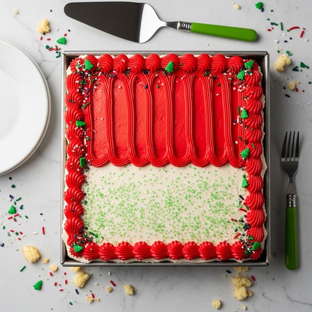 The image shows a rectangular cake with two main layers visible: the bottom layer is a white frosting base sprinkled lightly with green sugar crystals, while the top layer features bright red piped icing forming wavy lines and a thick border along the edges. The red icing border is decorated with small green Christmas tree-shaped sprinkles and thin black, red, and white sprinkles scattered around. The cake is in a metal baking tray placed on a white marbled surface with some sprinkles and cake crumbs around. There is a white plate on the left side, a cake server near the top, and a fork with a green handle on the right side. Photo taken with an iphone --ar 4:5 --v 7