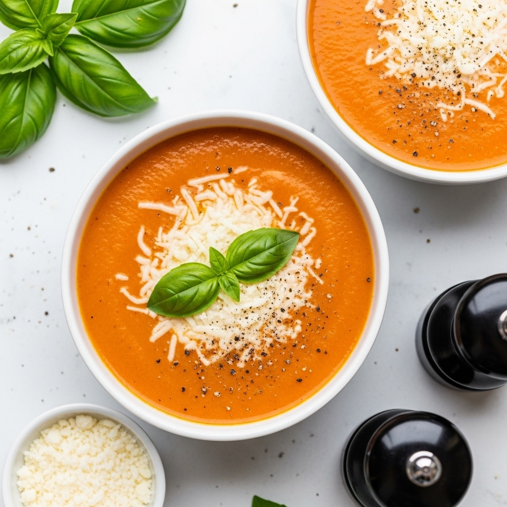 A smooth, rich orange tomato soup fills two white bowls, each topped with a sprinkling of grated white cheese that adds a textured, slightly melted layer. On top of the cheese in the front bowl, there are two small, bright green basil leaves placed slightly off-center. The soup surface is lightly dotted with freshly ground black pepper, giving tiny dark specks. The bowls rest on a white marbled surface with a small white bowl of extra grated cheese in the bottom left corner and two dark, glossy salt and pepper shakers on the bottom right. Fresh green basil leaves can be seen on the top left side of the image, adding a fresh pop of color. Photo taken with an iphone --ar 4:5 --v 7