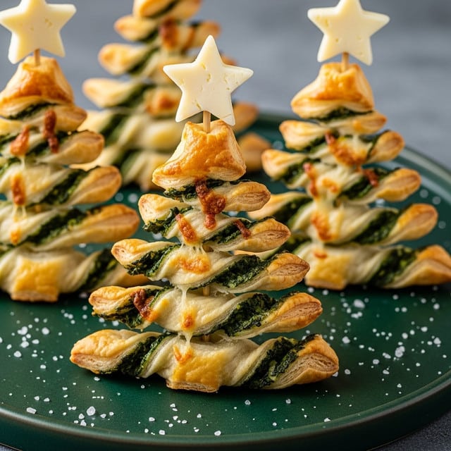 The image shows pastry snacks shaped like Christmas trees, with four layers of golden-brown puff pastry twisted with visible dark green leafy herbs and some melted cheese spots, giving a textured look. Each tree is topped with a white star-shaped piece of cheese attached to a stick, placed vertically in the center. The pastries sit on a dark green round plate sprinkled with coarse salt, creating contrast with the light pastry and the smooth, pale cheese stars. The close-up view highlights the flaky and crispy texture of the baked dough and the rich colors of the herbs inside. photo taken with an iphone --ar 4:5 --v 7