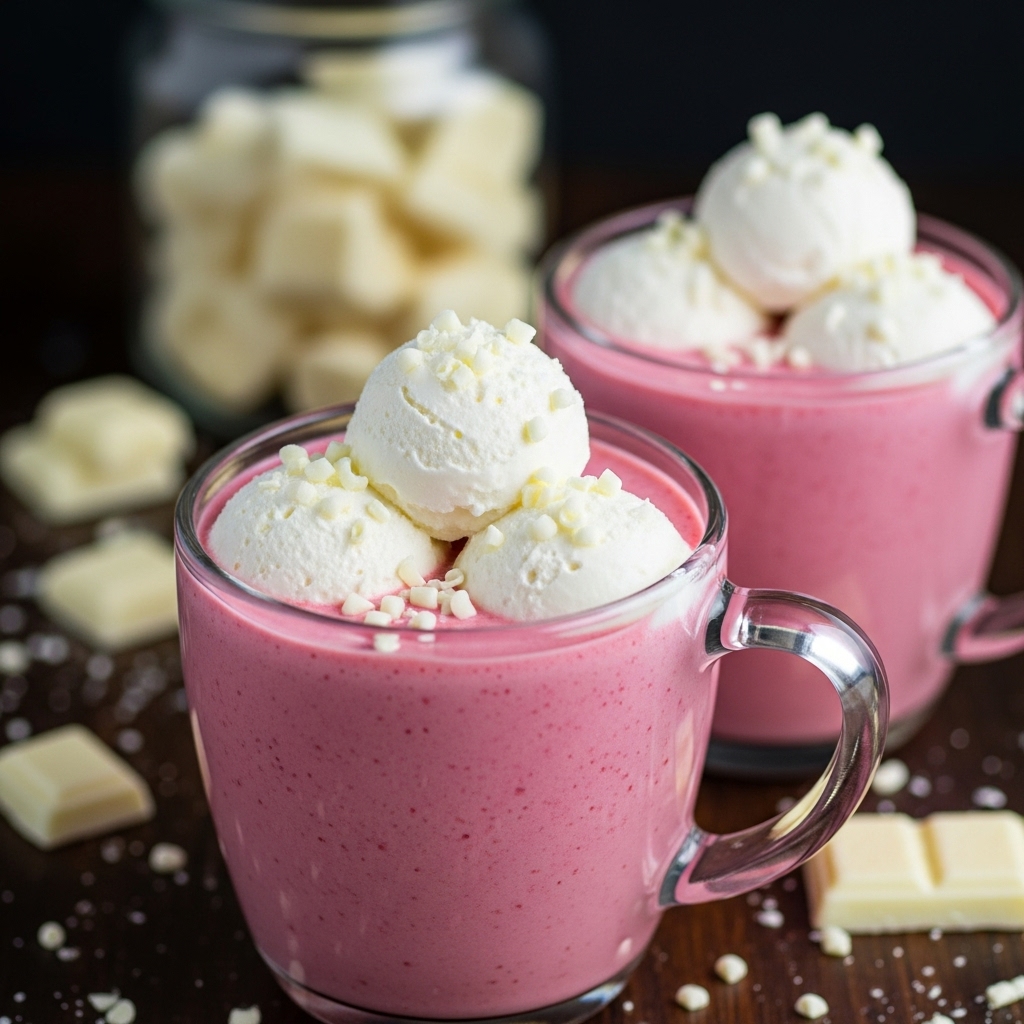 Two clear glass mugs filled with a smooth, bright pink creamy drink fill most of the frame, each topped with three round scoops of white whipped cream sprinkled with small white chocolate shavings. The mugs have rounded handles on the right, and the background shows a blurred glass jar filled with white chunks and a dark wooden surface scattered with white chocolate pieces. The overall look is rich and inviting. Photo taken with an iphone --ar 4:5 --v 7