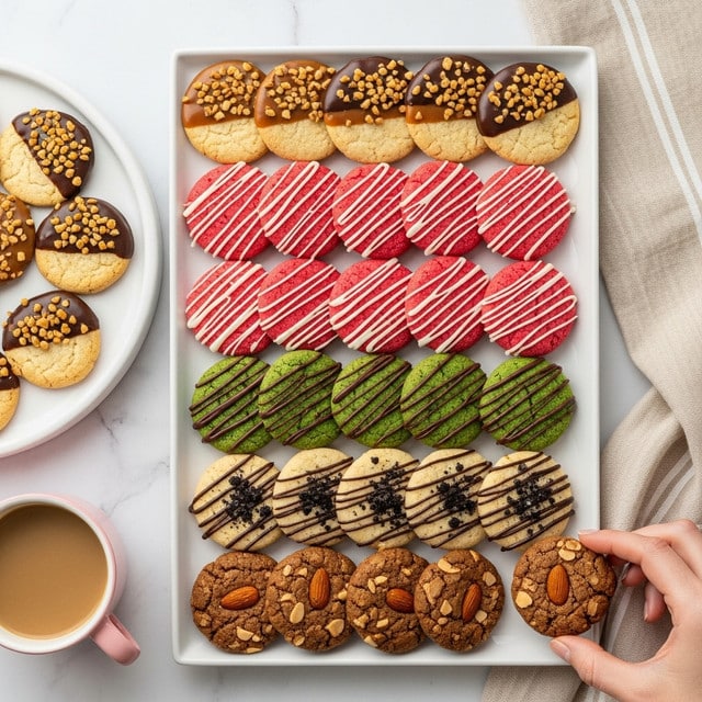 The image shows a white rectangular plate full of five types of round cookies arranged in neat rows. The top row has light tan cookies dipped halfway in caramel and dark chocolate, topped with chopped nuts. The second row has bright pink cookies drizzled with white icing in diagonal lines. The third row is made up of green cookies dipped halfway in dark chocolate. The fourth row shows pale cookies with dark and white chocolate drizzled in thin lines and tiny dark cookie crumbs on top. The bottom row has brown cookies studded with almond pieces. On the left side, there is a white round plate with more cookies and a pink cup filled with coffee. A woman's hand is reaching for a cookie at the bottom right corner. The whole scene is set on a white marbled surface with a beige and white striped cloth on the right side. photo taken with an iphone --ar 4:5 --v 7