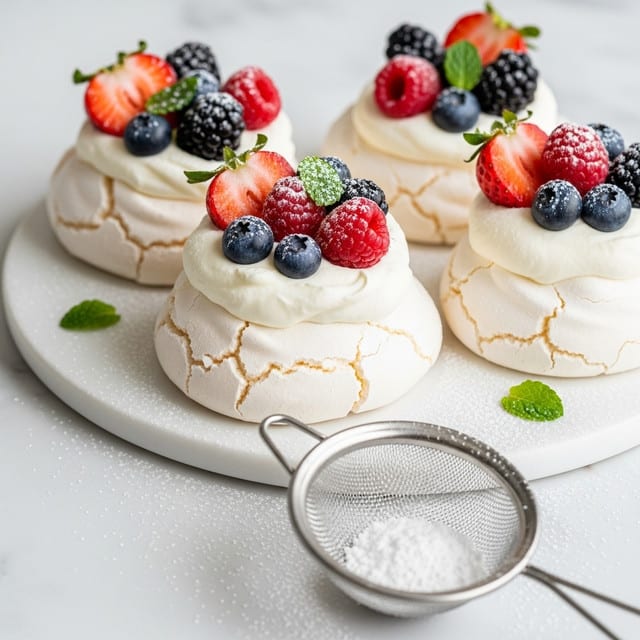 The image shows four small pavlova nests arranged on a white round plate, each nest made of light, glossy white meringue with a slightly cracked texture. On top of each meringue nest is a thick, creamy layer of white whipped cream. The whipped cream is topped with fresh mixed berries, including bright red strawberries, deep red raspberries, and dark blue blueberries, with some small green mint leaves adding contrast. Powdered sugar is lightly dusted over the berries and surrounding area on a white marbled surface, creating a delicate snowy effect. A metal fine sieve dusted with powdered sugar is placed in the foreground, partially blurred. photo taken with an iphone --ar 4:5 --v 7