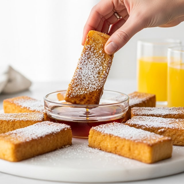 A woman's hand is holding a golden brown slice of French toast sprinkled with powdered sugar, dipping it into a small round clear glass bowl filled with dark amber syrup. The French toast slice has a crispy textured surface with an even layer of powdered sugar on top. Below the bowl, there is a white marbled surface. Around the bowl, several thick rectangular pieces of French toast with the same golden color and powdered sugar are stacked and arranged casually. In the background, there is a clear glass of orange juice with bright yellow-orange color. The setting is bright with soft natural light. photo taken with an iphone --ar 4:5 --v 7