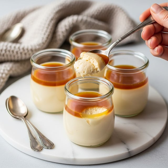 A close-up shot of four small glass jars filled with a two-layer dessert, placed on a round white marbled tray. The bottom layer is smooth and creamy with a pale beige color, while the top layer is a thin, glossy golden caramel. In the foreground, a silver spoon held by a woman's hand lifts a dollop of the creamy pale layer, showing its thick texture. In the background, a soft beige knitted cloth adds a cozy touch, with a few small vintage silver spoons lying on the tray. The overall scene has a soft, natural light. photo taken with an iphone --ar 4:5 --v 7