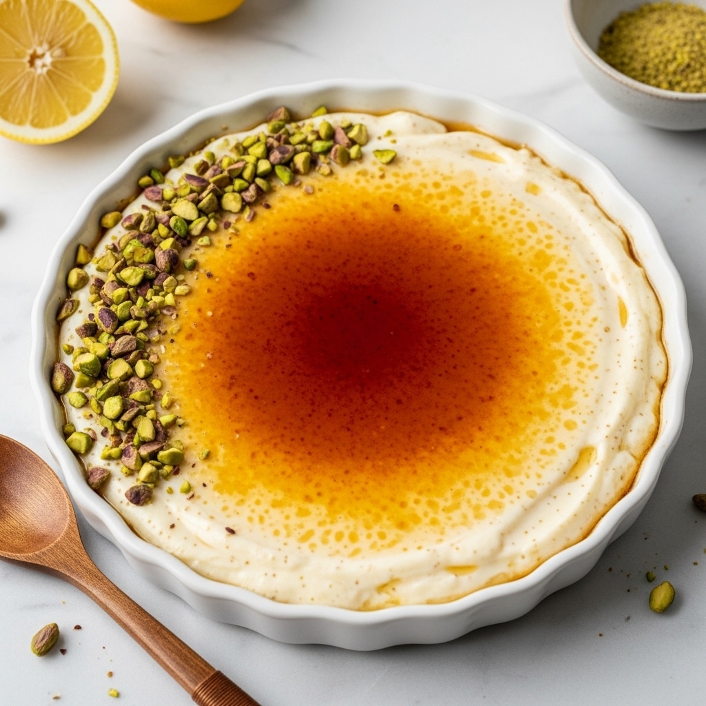 A white scalloped dish holds a creamy, smooth pudding-like dessert with a golden-brown caramelized top layer, which is darker in the center and gradually lightens toward the edges. The thick pudding layer underneath is pale ivory with small specks of vanilla visible. On one side of the dish, a small pile of chopped green pistachio nuts adds a contrasting texture and color. The edges of the dessert are slightly browned and set against the white dish rim. The dish rests on a white marbled surface, with a wooden spoon placed diagonally nearby and a lemon and a small bowl partially visible in the frame. photo taken with an iphone --ar 4:5 --v 7