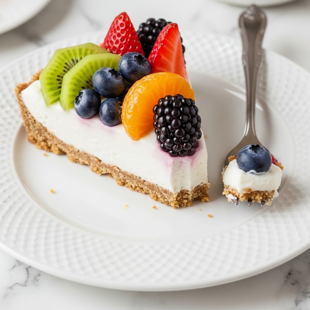 A slice of fruit tart sits on a white plate with a textured surface. The tart has a crumbly, golden-brown crust forming the base, topped with a thick, smooth layer of white cream. Arranged on top are vibrant fruit pieces: bright green kiwi slices, a shiny orange mandarin segment, red strawberry halves, deep purple blueberries, and dark blackberries. A silver fork holds a small bite of the tart with a blueberry on it, resting on the plate near the slice. The setting includes a white marbled surface visible around the plate. Photo taken with an iphone --ar 4:5 --v 7