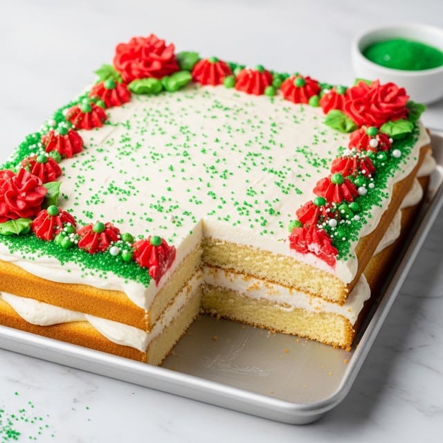 The image shows a rectangular cake in a silver tray with two thick light yellow sponge layers separated by a thick layer of white cream frosting. The top of the cake is fully covered with white frosting sprinkled with small green sugar granules. Red frosting is piped in swirly lines across the top, with clusters of red frosting flowers and green and white sprinkles at the edges for decoration. The tray is on a white marbled surface with a small white bowl of green sugar visible on the side. One corner of the cake is cut out, revealing the inner layers clearly. photo taken with an iphone --ar 4:5 --v 7
