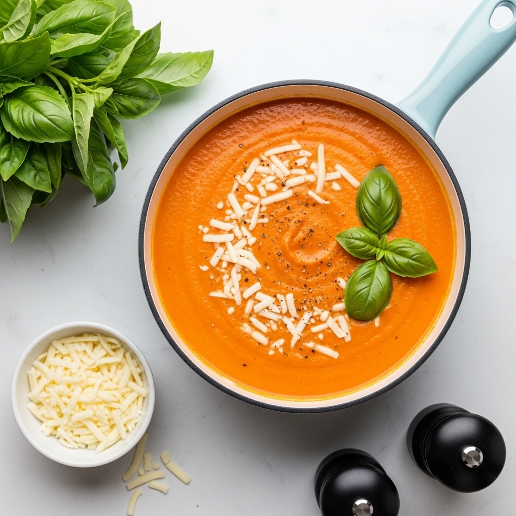 A white pot with a light blue handle is filled with smooth, creamy orange tomato soup. The soup has a thick texture and is topped with scattered white shredded cheese and small black pepper specks. On one side, two small bright green basil leaves rest on the soup surface. The pot is placed on a white marbled texture with a bunch of fresh green basil leaves on the upper left side and a small white bowl filled with more shredded white cheese at the bottom left. Two black salt and pepper grinders appear on the bottom right. photo taken with an iphone --ar 4:5 --v 7