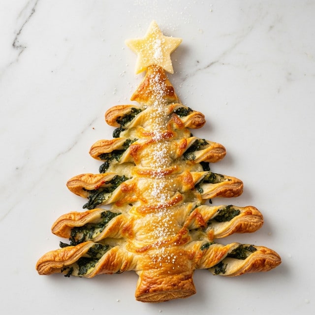 The image shows a puff pastry shaped like a Christmas tree with five visible layers, each layer folded to create a curved, tree-like structure. The pastry is golden brown with visible bits of green herbs and melted cheese throughout the layers. On top of the tree is a pale yellow star made from cheese. Powdered cheese is being sprinkled over the pastry from above. The background is a white marbled texture. photo taken with an iphone --ar 4:5 --v 7