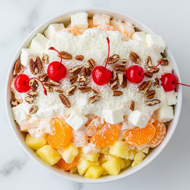 A white bowl is filled with a creamy fruit salad that has several layers and colors. The bottom layer shows small, light yellow pineapple chunks mixed with orange-colored mandarin slices. On top, there is a thick layer of white, fluffy whipped cream mixed with cream cheese cubes. Scattered across the surface are bright red maraschino cherries, light brown pecan pieces, and white shredded coconut, adding texture and color contrast. The bowl sits on a white marbled surface, creating a clean and bright background. photo taken with an iphone --ar 4:5 --v 7
