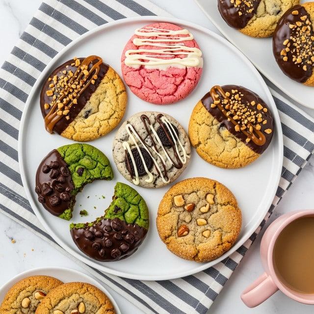 A white plate holds six cookies arranged in a circular pattern on a white marbled texture with a striped cloth underneath. Two cookies are half-dipped in dark chocolate with caramel and sprinkled with chopped nuts on the top left and right sides. The pink cookie with white drizzle is placed near the top center. A cookies and cream cookie with dark and white chocolate drizzle is centered on the plate. The bottom left has a half-eaten green cookie dipped in dark chocolate with bits inside. A light brown cookie with a sugary texture and nuts sits at the bottom. Nearby are more cookies and a pink cup filled with coffee. Photo taken with an iphone --ar 4:5 --v 7