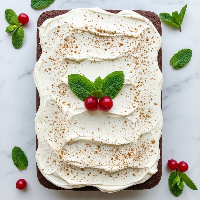 A rectangular dark brown cake topped with a thick, creamy white frosting spread unevenly across the top, creating soft peaks and valleys. The frosting is sprinkled lightly with a brown powder, likely cinnamon or nutmeg. On the center near the top edge, there are two shiny red berries and two fresh green mint leaves arranged side by side for decoration. The cake sits on a white marbled surface with scattered mint leaves and red berries around it. photo taken with an iphone --ar 4:5 --v 7