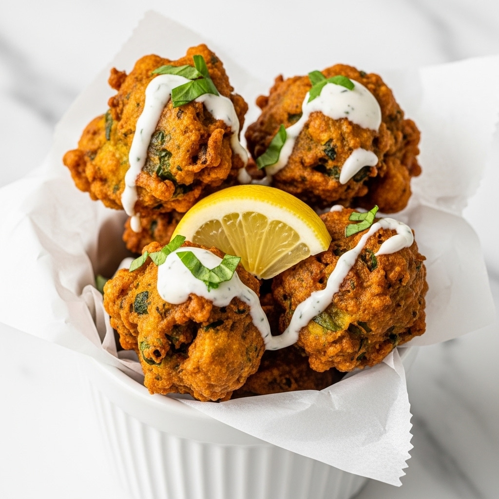 The image shows a white ceramic cup filled with crispy golden-brown fritters that have an uneven, textured surface and crunchy edges. The fritters are stacked inside the cup lined with white parchment paper, with a drizzle of white creamy sauce and small green herb pieces on top. A fresh yellow lemon wedge is placed among the fritters, adding a bright contrast. The background has a soft focus, with a white marbled texture providing a clean, bright surface. photo taken with an iphone --ar 4:5 --v 7