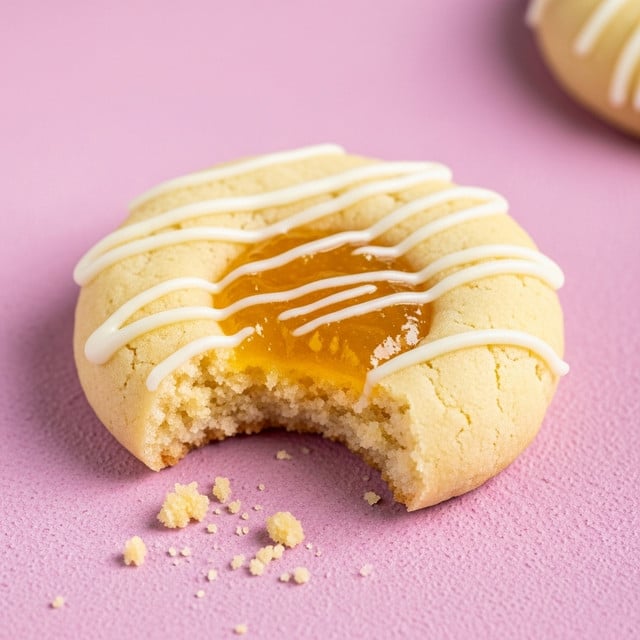 A bitten cookie sits on a pink textured surface, showing three visual layers: the outer cookie is light beige with a soft, crumbly texture; the center is filled with a thick, glossy yellow jam that slightly spills out of the bite; thin white icing lines are drizzled diagonally across the cookie's top, adding a smooth contrast. Small cookie crumbs surround the partially eaten area, emphasizing the cookie’s crumbly nature. photo taken with an iphone --ar 4:5 --v 7