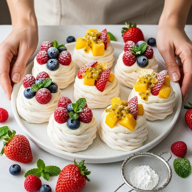 A white round plate filled with eight small pavlova nests, each with three layers: the bottom layer is a white crispy meringue base with a rough, swirled texture; the middle layer is a smooth, thick white cream dollop; and the top layer is a mix of colorful fresh fruits. Four pavlovas have red strawberries, red raspberries, and dark purple blueberries, some with small green mint leaves, lightly dusted with powdered sugar. The other four have bright yellow mango chunks and passion fruit seeds with some red strawberry pieces on top, also dusted with powdered sugar. Around the plate are scattered whole strawberries, raspberries, blueberries, and mint leaves dusted with powdered sugar. A woman's hands are gently holding the edges of the plate over a white marbled surface, with a small metal sieve nearby containing powdered sugar. Photo taken with an iphone --ar 4:5 --v 7