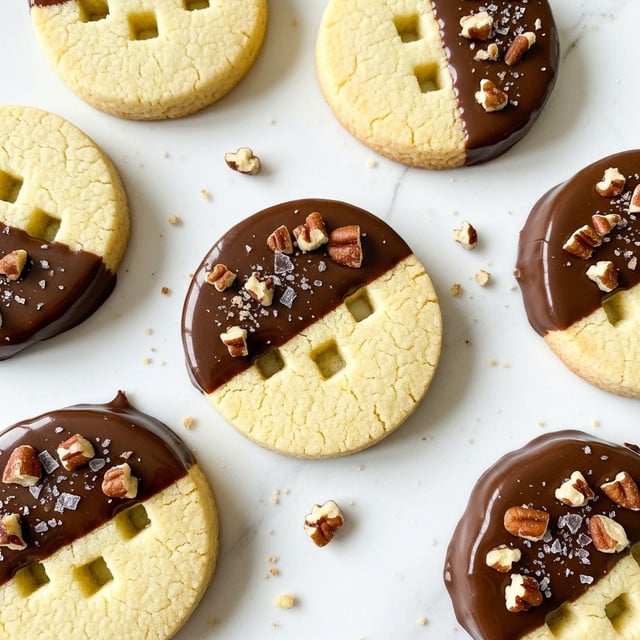 The image shows several round shortbread cookies on a white marbled surface. Each cookie has a smooth pale yellow baked base with a slightly crumbly texture and small square holes in the center. Half of each cookie is dipped in a glossy dark brown chocolate layer that has a smooth but slightly uneven edge. On top of the chocolate layer, there are small chopped pecan pieces scattered unevenly, adding a rough texture and warm brown color contrast. Tiny salt flakes are visible on the chocolate, giving a sparkling effect. Some small cookie crumbs and nut pieces are scattered around the cookies on the surface. photo taken with an iphone --ar 4:5 --v 7
