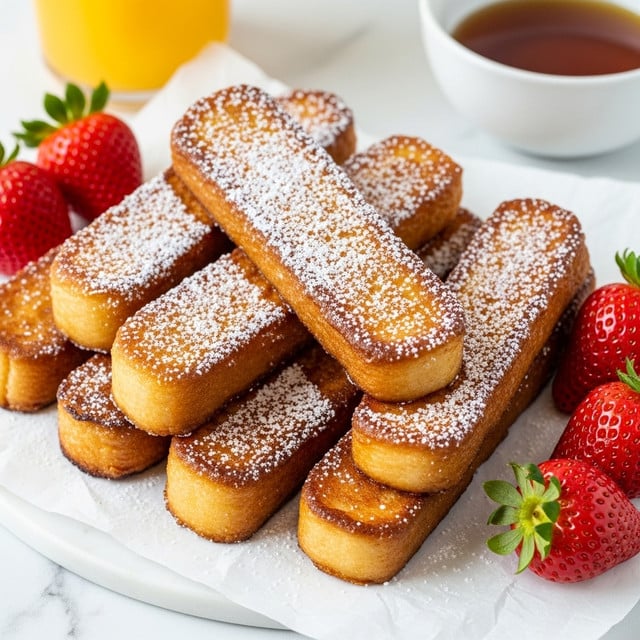 The image shows several golden brown French toast sticks arranged in a pile on white parchment paper over a white marbled surface. The toast sticks have a crispy, slightly caramelized outer layer dusted evenly with fine white powdered sugar, giving a soft, snowy texture on top. Each stick has a smooth, light brown bottom and a slightly rougher, darker golden top with a moist, fluffy interior visible in some pieces. Around the toast sticks, there are bright red strawberries with green tops, adding a fresh, colorful contrast. In the background, there is a glass of orange juice and a white bowl filled with amber maple syrup. photo taken with an iphone --ar 4:5 --v 7