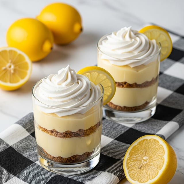 The image shows two clear glass cups each containing a layered lemon dessert. From the base, the first layer is a smooth, pale yellow pudding, followed by a layer of light brown crumbly crust, then another thick pale yellow pudding layer. The top layer is a fluffy white whipped cream swirled high above the glass rim, decorated with a small lemon slice on the side. The glasses are placed on a black and white checkered cloth, with whole and halved bright yellow lemons in the background, all set on a white marbled textured surface. Photo taken with an iphone --ar 4:5 --v 7