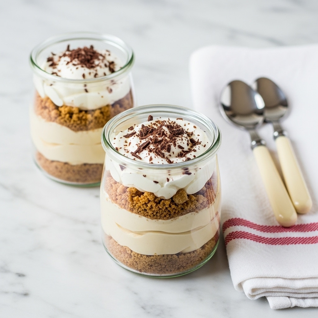 Two clear glass jars each contain a dessert with three visible layers: a bottom light brown crumb layer, a thick middle creamy beige layer, and a top white whipped cream layer sprinkled with fine dark brown chocolate shavings. The jars are placed on a white marbled surface next to a folded white cloth with two thick red stripes, on which lie two metal spoons with white handles and a cream-colored utensil. photo taken with an iphone --ar 4:5 --v 7
