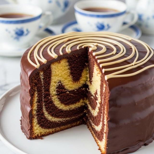 A close-up view of a marble cake with three visible layers inside: light yellow vanilla cake and dark brown chocolate cake swirled together in a thick pattern. The outside is covered with a glossy chocolate glaze with light beige swirls on top. The cake sits on a white plate against a white marbled texture surface, and in the blurred background are white and blue china teacups filled with dark tea. Photo taken with an iphone --ar 4:5 --v 7