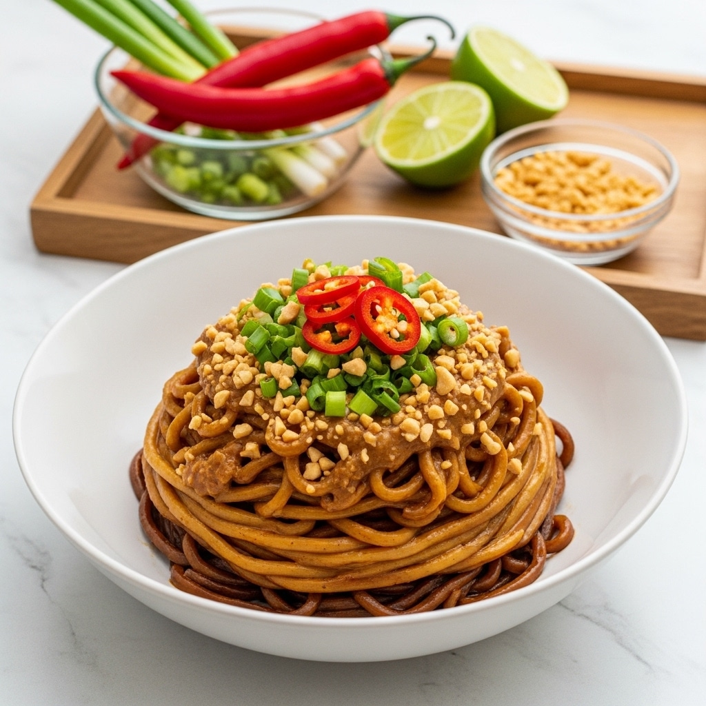 A white bowl filled with three layers of glossy, thick noodles coated in a brown, creamy sauce at the bottom and middle layers, topped with chopped green onions, thin slices of red chili, and crushed peanuts for texture and color contrast. The bowl rests on a white marbled surface. Behind it, there is a wooden tray holding a clear glass bowl with sliced green onions, two bright red whole chilies, and two lime wedges. To the side, there is another small clear glass bowl with crushed peanuts. The scene is brightly lit with natural light, showing a fresh and vibrant presentation. photo taken with an iphone --ar 4:5 --v 7