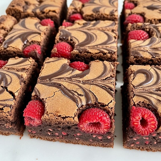 A close-up view of several square chocolate brownies arranged tightly on a white marbled surface, each piece showing a cracked, thin, light brown crust on top with dark chocolate swirls running through. Inside the brownies, bright red raspberry pieces are embedded, their seeds visible and adding texture. The brownies have a dense, fudgy interior visible through some cracks and edges. The color contrast between the dark chocolate, light brown crust, and red raspberries creates a rich and appetizing look. photo taken with an iphone --ar 4:5 --v 7