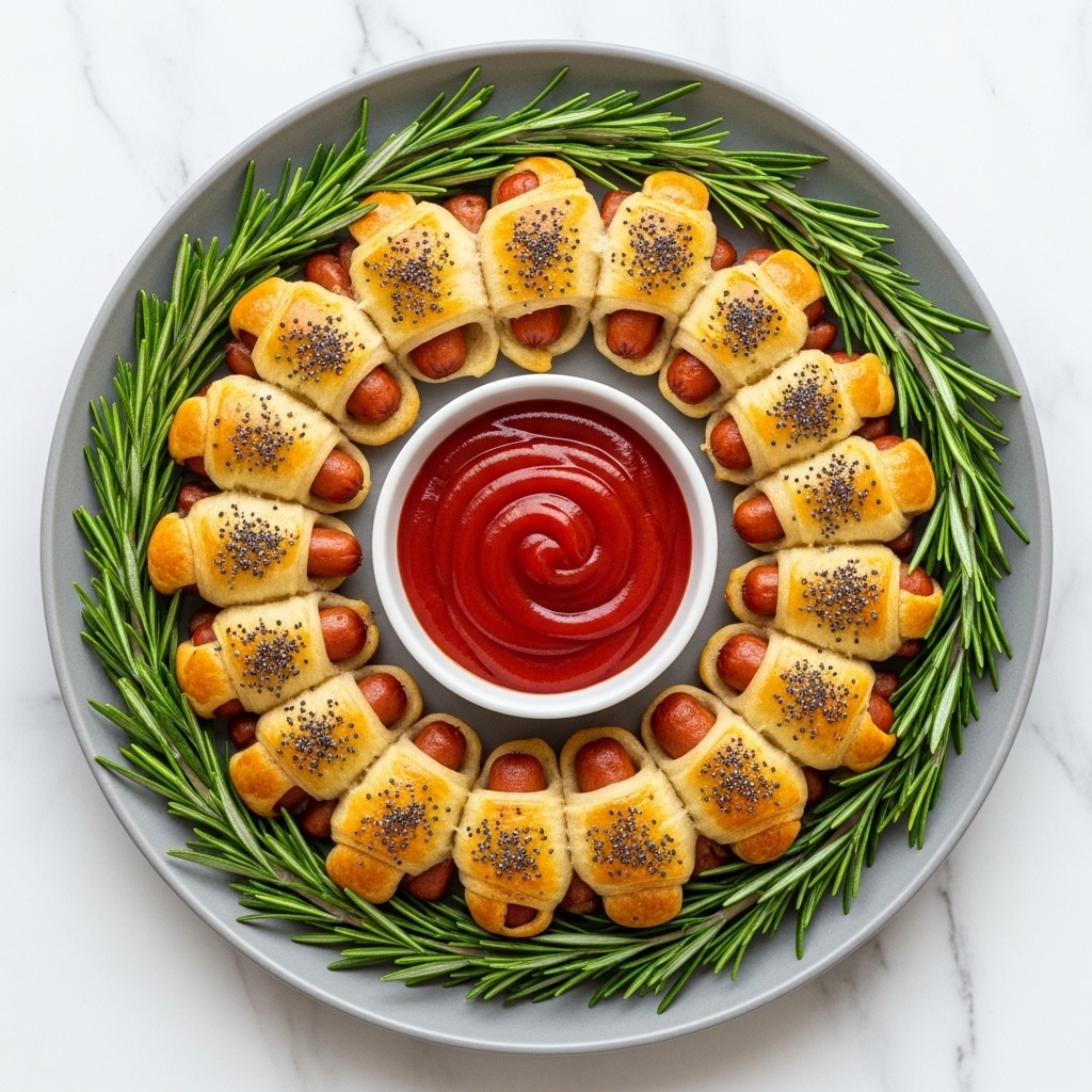 A round gray plate holds two layers of small golden-brown crescent rolls wrapped around mini sausages, sprinkled with black poppy seeds. The outer layer encloses the inner layer in a circular pattern. Fresh green rosemary sprigs form a ring around the crescent rolls on the edge of the plate. In the center of the plate is a small white bowl filled with bright red ketchup swirling slightly on top. The plate rests on a white marbled texture. photo taken with an iphone --ar 4:5 --v 7