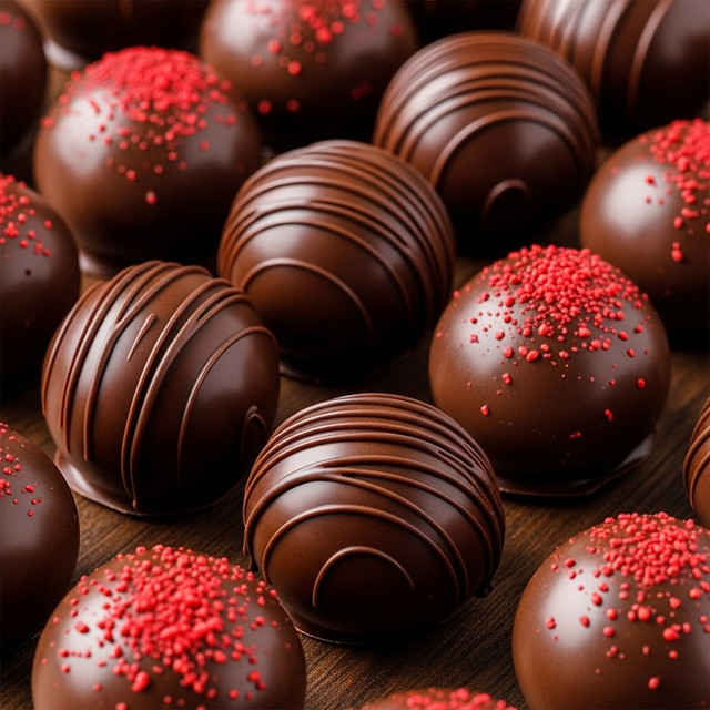 The image shows multiple round chocolate truffles arranged closely on a dark wooden surface, each with a smooth, glossy dark brown chocolate coating. Some truffles have thin dark chocolate lines drizzled on top, adding a textured swirl pattern, while others are decorated with small bright red powdery sprinkles scattered lightly over their tops. The truffles vary slightly in height and shape, creating a rich and inviting contrast between the shiny chocolate and the rough red sprinkles. photo taken with an iphone --ar 4:5 --v 7