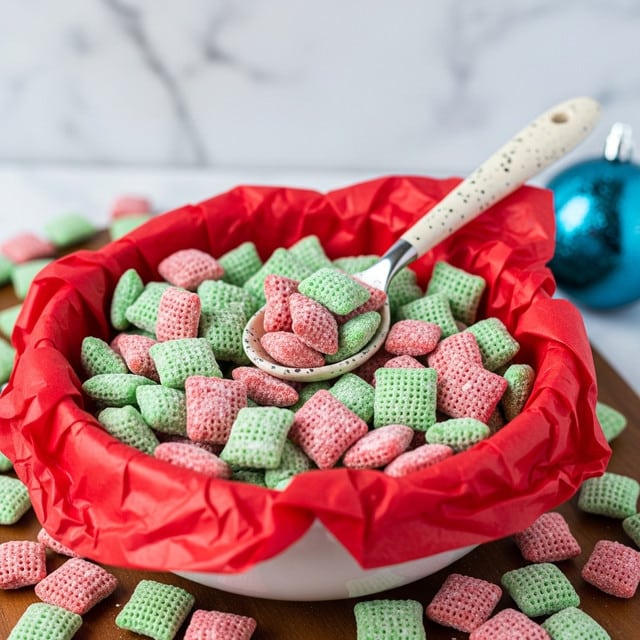 A close-up image of red and green square cereal pieces, dusted with white powder, piled inside a round white bowl lined with crumpled red tissue paper. A cream-colored speckled spoon is placed inside the bowl, scooping some cereal near the top edge. Scattered cereal pieces surround the bowl on a wooden board, with a blurred white marbled texture background featuring a blue spherical ornament partially visible on the side. Photo taken with an iphone --ar 4:5 --v 7
