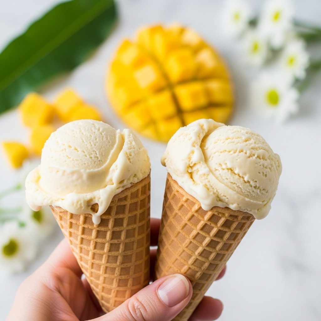 A close-up of a woman's hand holding two waffle cones filled with one scoop each of creamy pale yellow ice cream, with the texture of smooth, slightly melting ice cream visible. The waffle cones are golden brown with a crisp, grid pattern. In the blurred background on a white marbled surface, there are diced pieces of bright yellow mango and blurred green leaves alongside white flowers. Photo taken with an iphone --ar 4:5 --v 7
