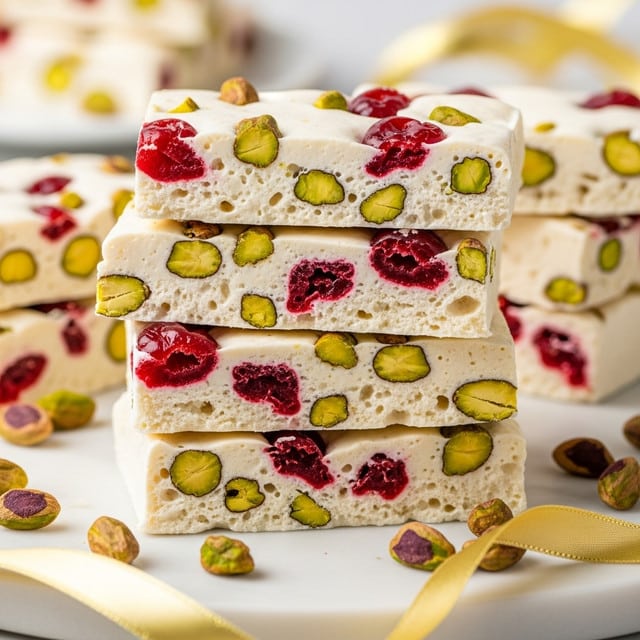 The image shows several thick rectangular pieces of white nougat stacked closely together on a white marbled surface. Each piece has a creamy white base with embedded bright red cherry pieces and scattered whole and chopped green pistachios throughout. The texture of the nougat appears chewy and soft with visible air pockets and nut fragments. Around and under the nougat bars, there are a few loose pistachio bits and a gold ribbon adding a festive touch to the setting. photo taken with an iphone --ar 4:5 --v 7
