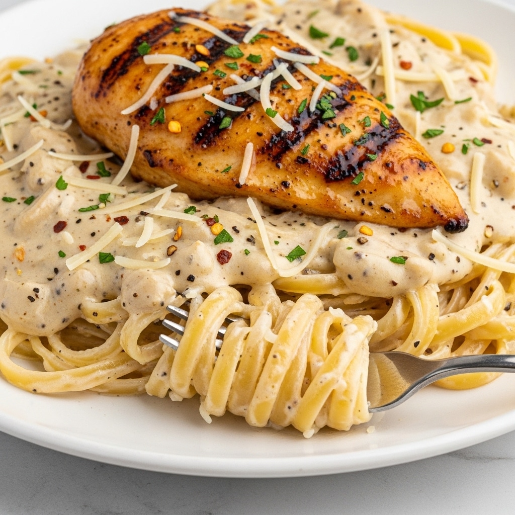 A close-up image of creamy fettuccine pasta covered in a thick, light beige Alfredo sauce with small black pepper and red chili flakes speckled throughout. On top lies a golden-brown grilled chicken breast with a shiny coating of sauce and sprinkled chopped green herbs. The creamy pasta strands are twirled around a silver fork near the center, with finely shredded white cheese scattered on top. The whole dish sits on a white plate set on a white marbled surface. photo taken with an iphone --ar 4:5 --v 7