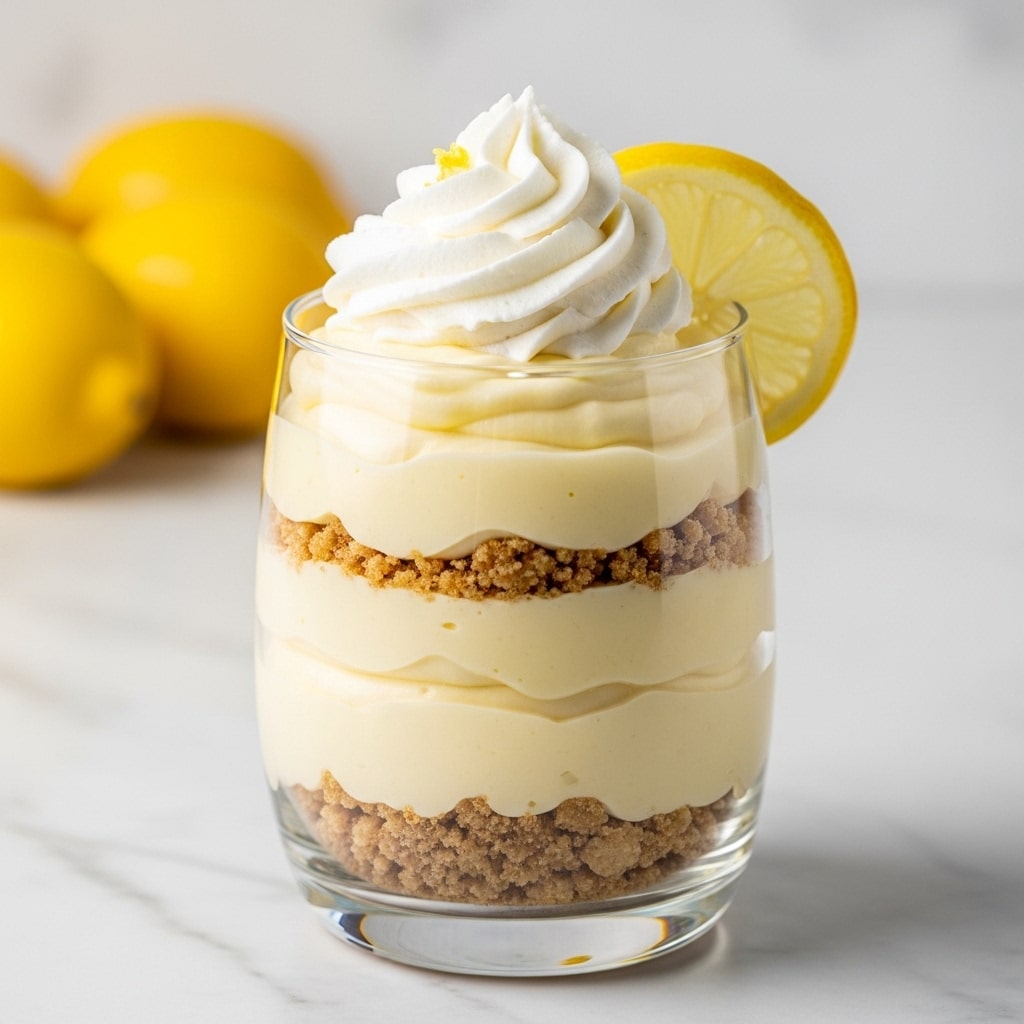 A clear glass holds a layered lemon dessert with four layers: at the bottom is a crumbly light brown layer, followed by a smooth pale yellow cream layer, then another crumbly light brown layer, topped with a thick pale yellow cream layer. On top of all layers is a fluffy white whipped cream swirl, decorated with a thin bright yellow lemon slice tucked on the side. The glass sits on a white marbled surface with blurred lemons in the background. photo taken with an iphone --ar 4:5 --v 7
