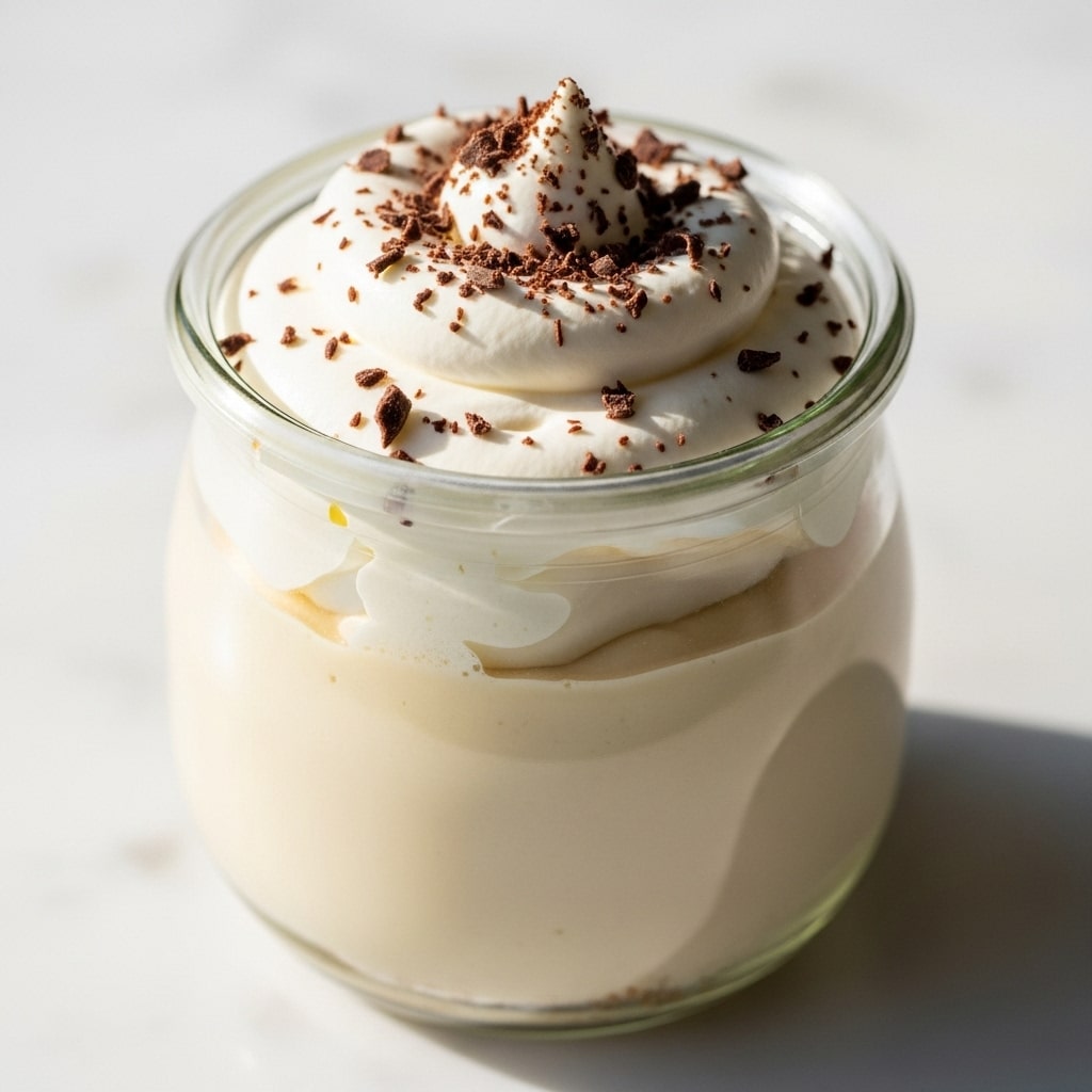 A clear glass jar filled with a creamy light beige pudding forming the bottom layer, topped with a thick layer of white whipped cream sprinkled with fine dark brown chocolate shavings, all placed on a white marbled surface. photo taken with an iphone --ar 4:5 --v 7