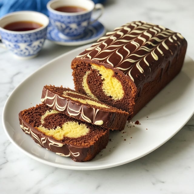 A loaf-shaped cake is sliced with four pieces neatly laid out on a large white plate placed on a white marbled surface. The cake has a golden-brown outer crust and inside, it shows a swirl pattern with light yellow and dark brown layers. The top of the cake is covered with shiny chocolate glaze that is decorated with light-colored swirled lines. In the background, there are two blue and white patterned teacups, one filled with dark tea, adding a cozy touch to the scene. photo taken with an iphone --ar 4:5 --v 7