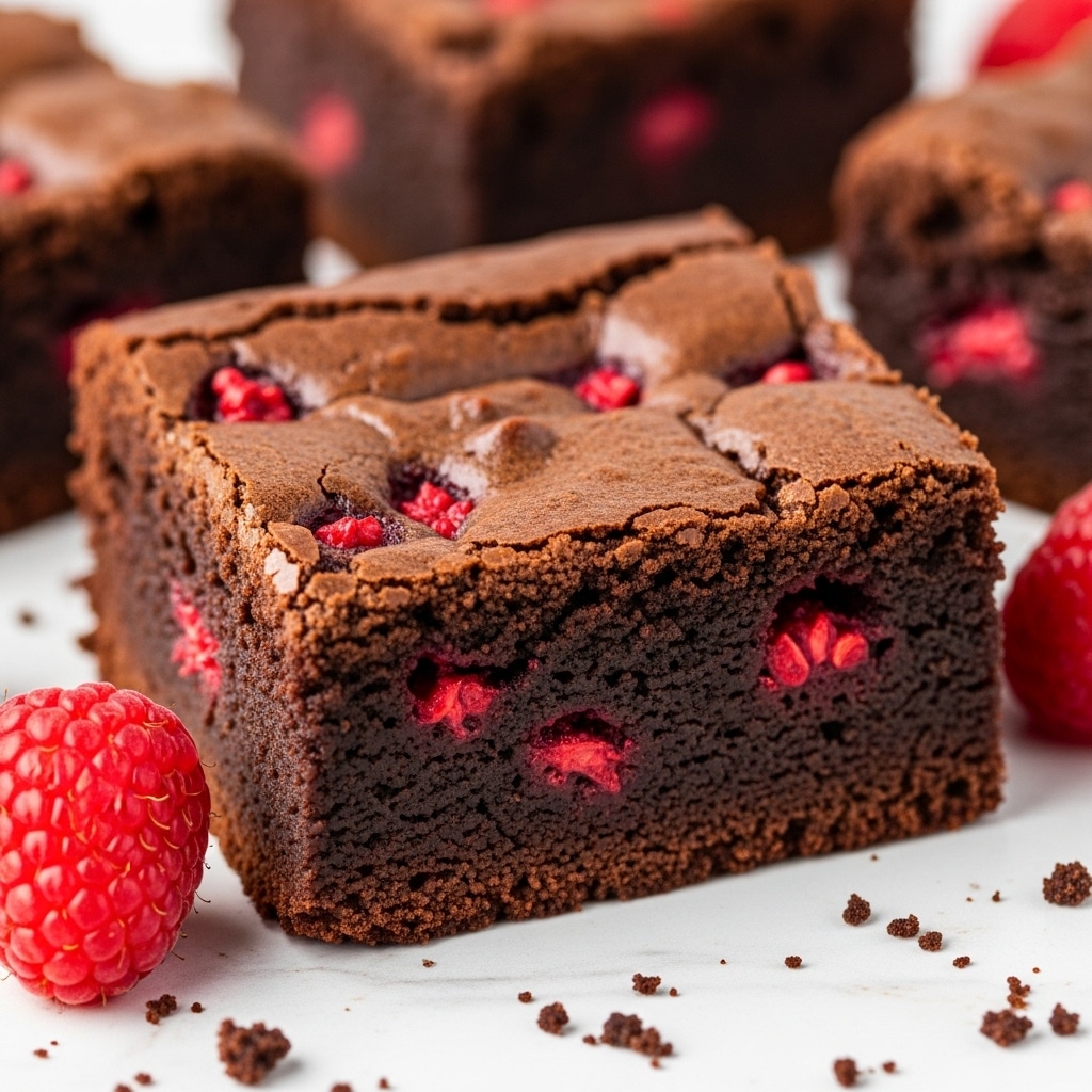 Close-up of a thick, square piece of dense chocolate brownie with a slightly cracked, shiny dark brown top layer. Inside, the brownie is rich and moist with visible red raspberry bits distributed throughout, adding bright red spots in the dark brown interior. The brownie sits on a white marbled surface with crumbs scattered around. In the front, there is a fresh raspberry with a bright red color and a textured surface. Other similar brownie pieces blurry in the background. photo taken with an iphone --ar 4:5 --v 7
