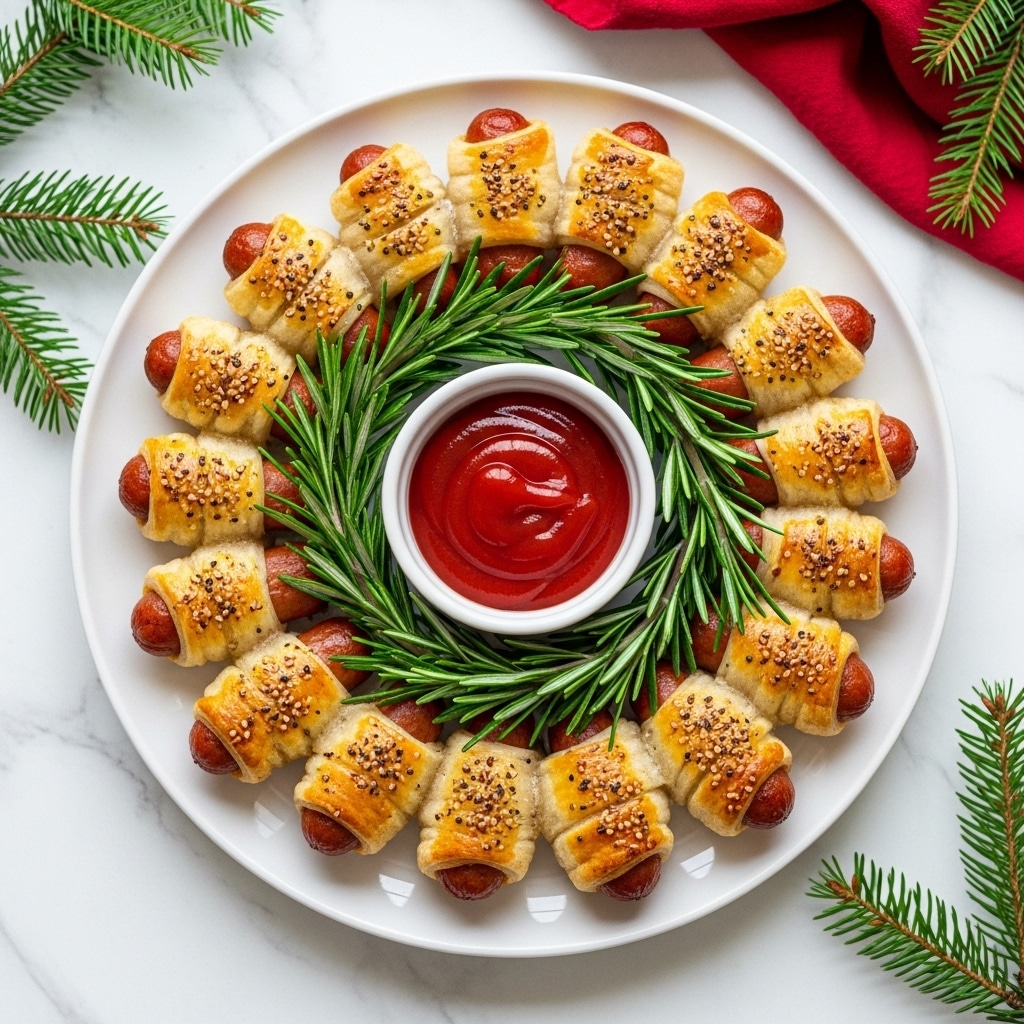A white plate holds a ring of small sausages wrapped in golden brown, flaky pastry, each piece topped with a light sprinkling of black pepper and seeds, creating a wreath shape. Inside the ring, fresh green rosemary sprigs form a circle around a white ramekin filled with bright red ketchup, placed in the center. The plate rests on a white marbled surface with some green pine branches and a red cloth in the background, enhancing the festive look. photo taken with an iphone --ar 4:5 --v 7
