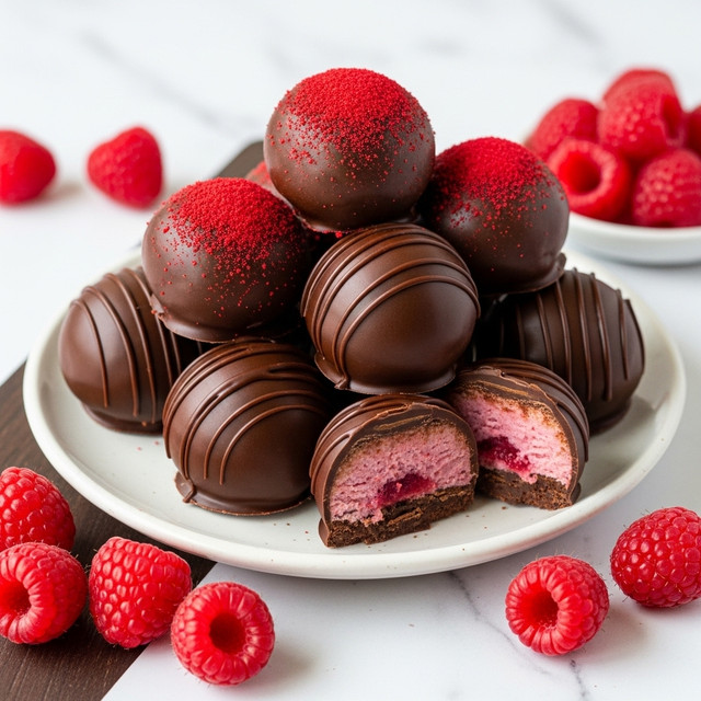 A small round plate holds several round chocolate truffles closely stacked, each covered in smooth dark chocolate with some topped in bright red powdered sprinkles and others decorated with thin dark chocolate drizzle. The truffles have a shiny texture, and one truffle is cut in half showing a pink filling inside. Around the plate on a dark wooden surface are fresh raspberries, some whole and some partially crushed, adding a vibrant red contrast. The plate is white with a subtle glaze and the scene is set on a white marbled texture. photo taken with an iphone --ar 4:5 --v 7